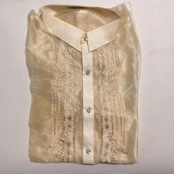 Plus size- Men’s Beige Pina Organza Barong Tagalog Full open with embroidery - Picture 10 of 11